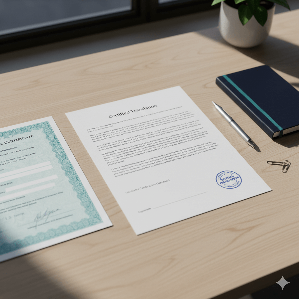 Birth certificate and certified translation prepared for official use