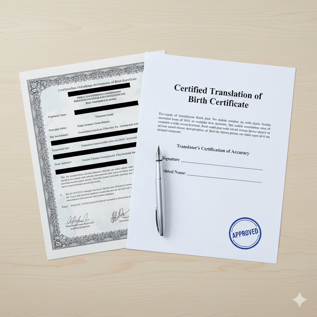 Birth certificate beside a certified English translation with translator certification
