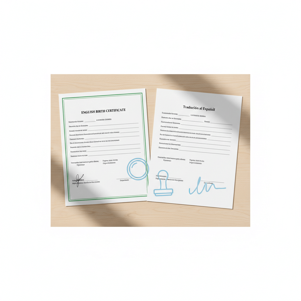 Birth certificate translated from English to Spanish with certification for official use.