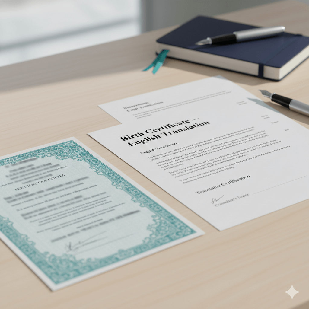 Birth certificate translated into English with a translator certification statement