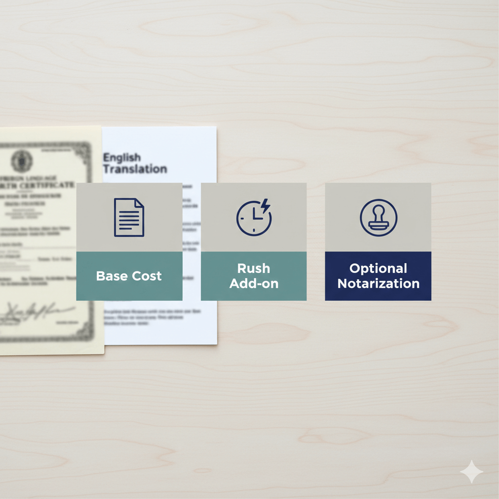 Birth certificate translation cost factors shown as base rate, rush option, and notarization add on.