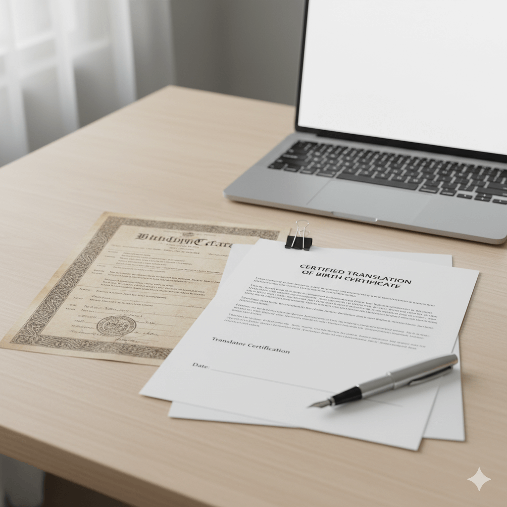 Birth certificate with English translation and signed translator certification for USCIS filing