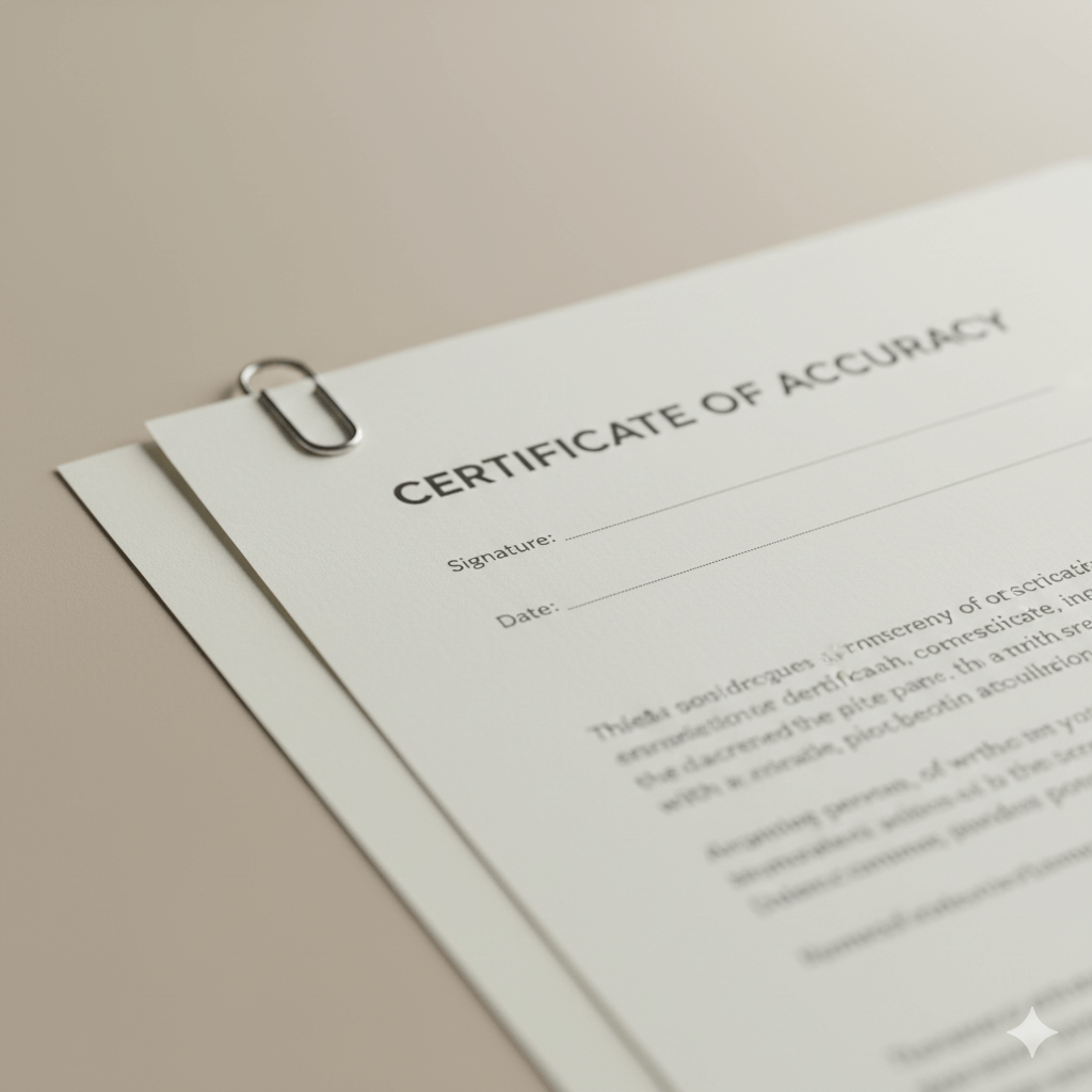 Certificate of accuracy attached to a translated birth certificate for USCIS submission