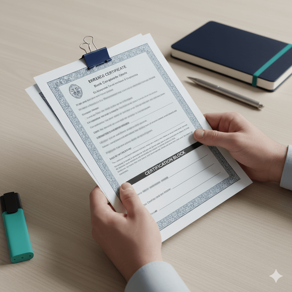 Certified English translation packet for a birth certificate with translator certification statement