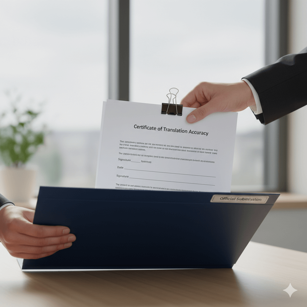 Certified Spanish birth certificate translation packet being prepared for official submission.