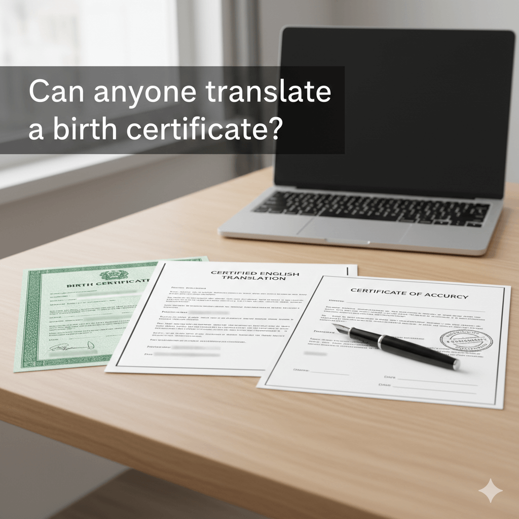 Certified birth certificate translation with certificate of accuracy on a professional desk
