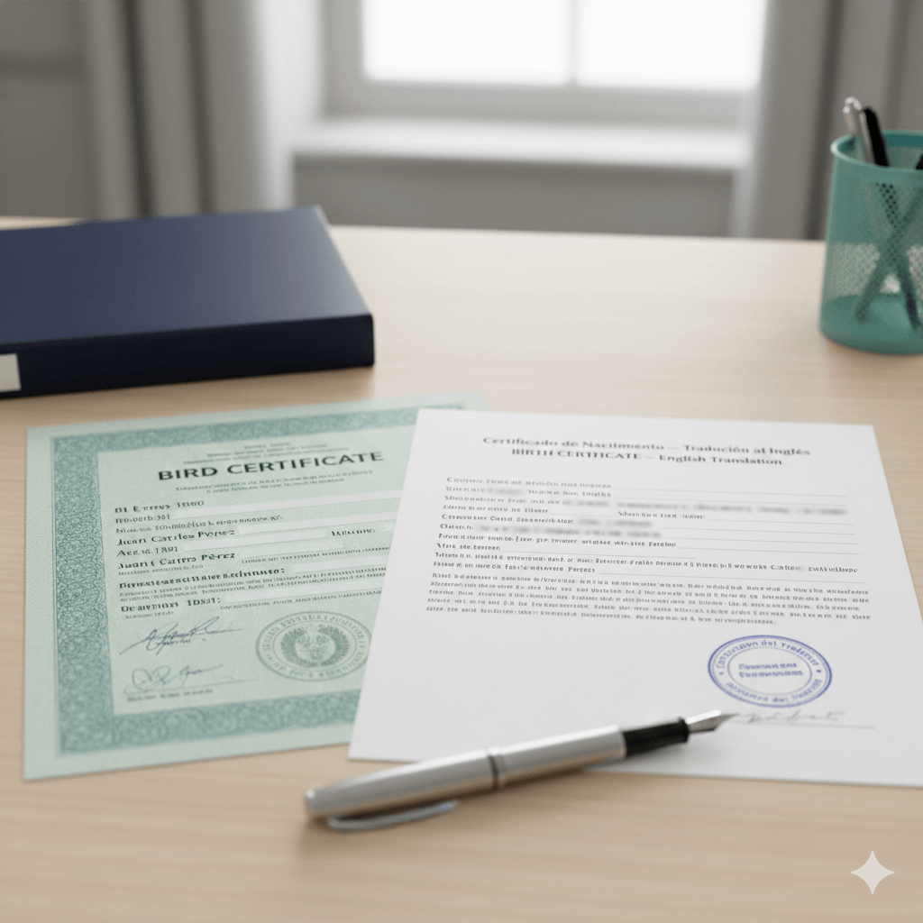 Certified birth certificate with official Spanish translation, clearly showing certification stamp and document details.