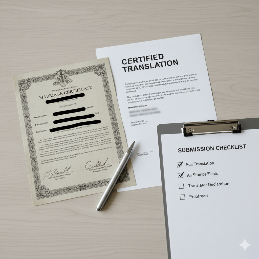 Certified marriage certificate translation checklist for USCIS filing
