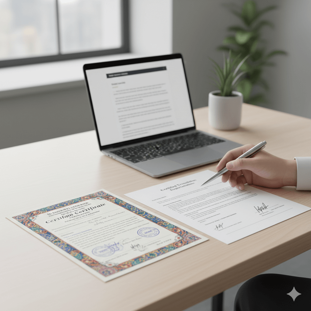 Certified marriage certificate translation into English with original and translated documents on a desk