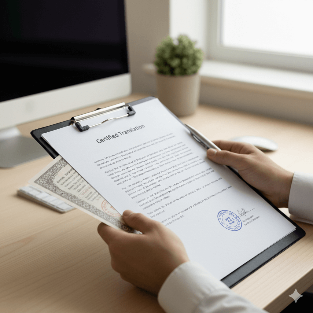 Certified marriage certificate translation review showing stamps seals and signatures included