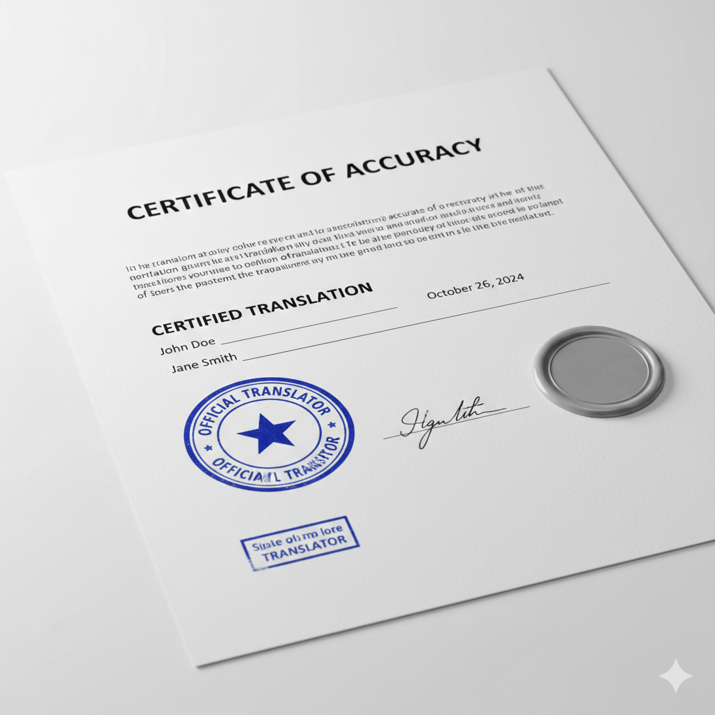 Certified translation certificate of accuracy with signature and official formatting