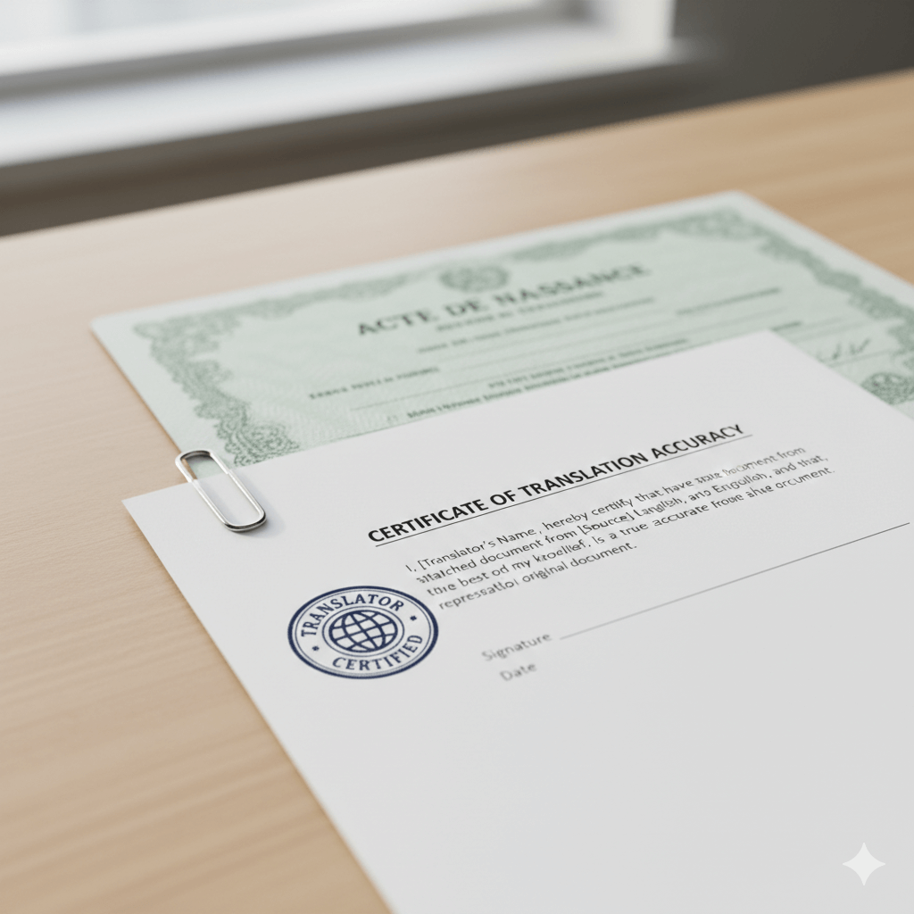 Certified translation statement for a French birth certificate in English