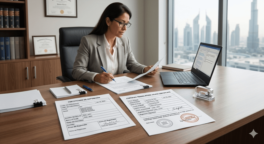 Certified translator reviewing a Spanish death certificate and its English translation in a professional office