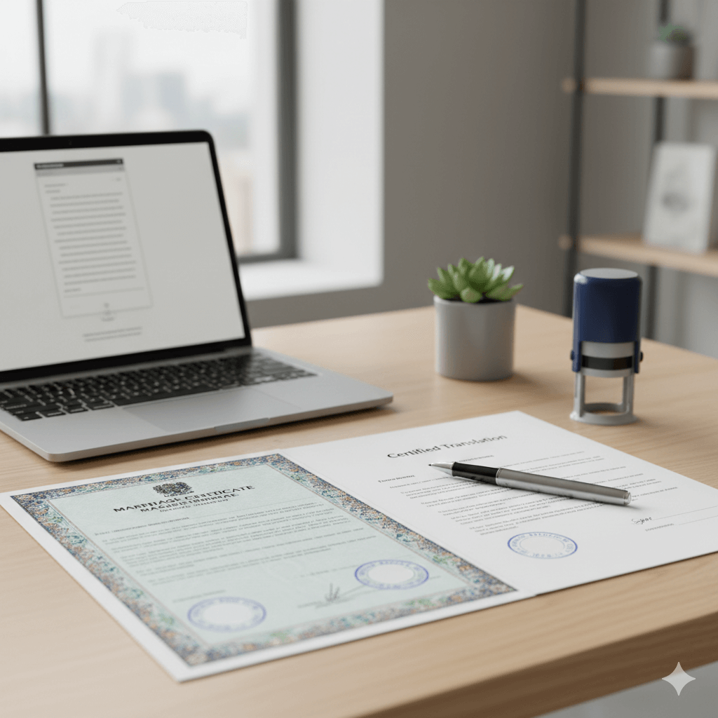 Certified translator reviewing a marriage certificate and English translation for official submission.