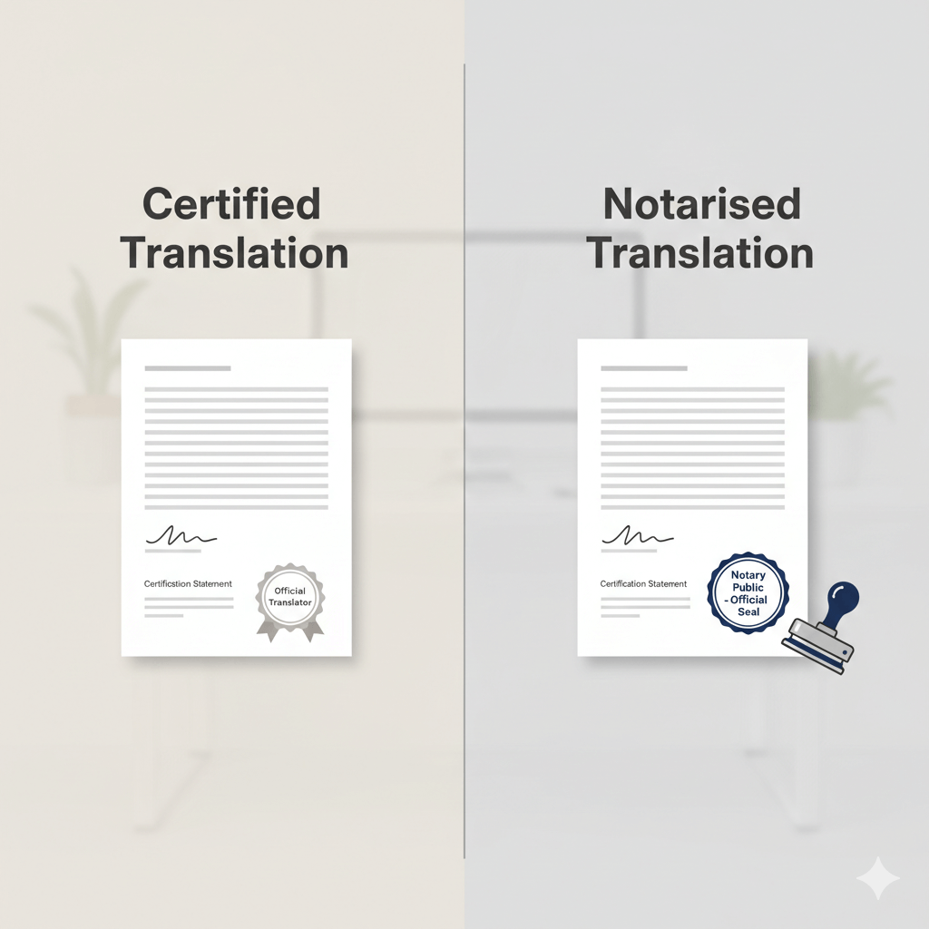 Certified vs notarised translation comparison for a birth certificate (signature and notary seal shown)