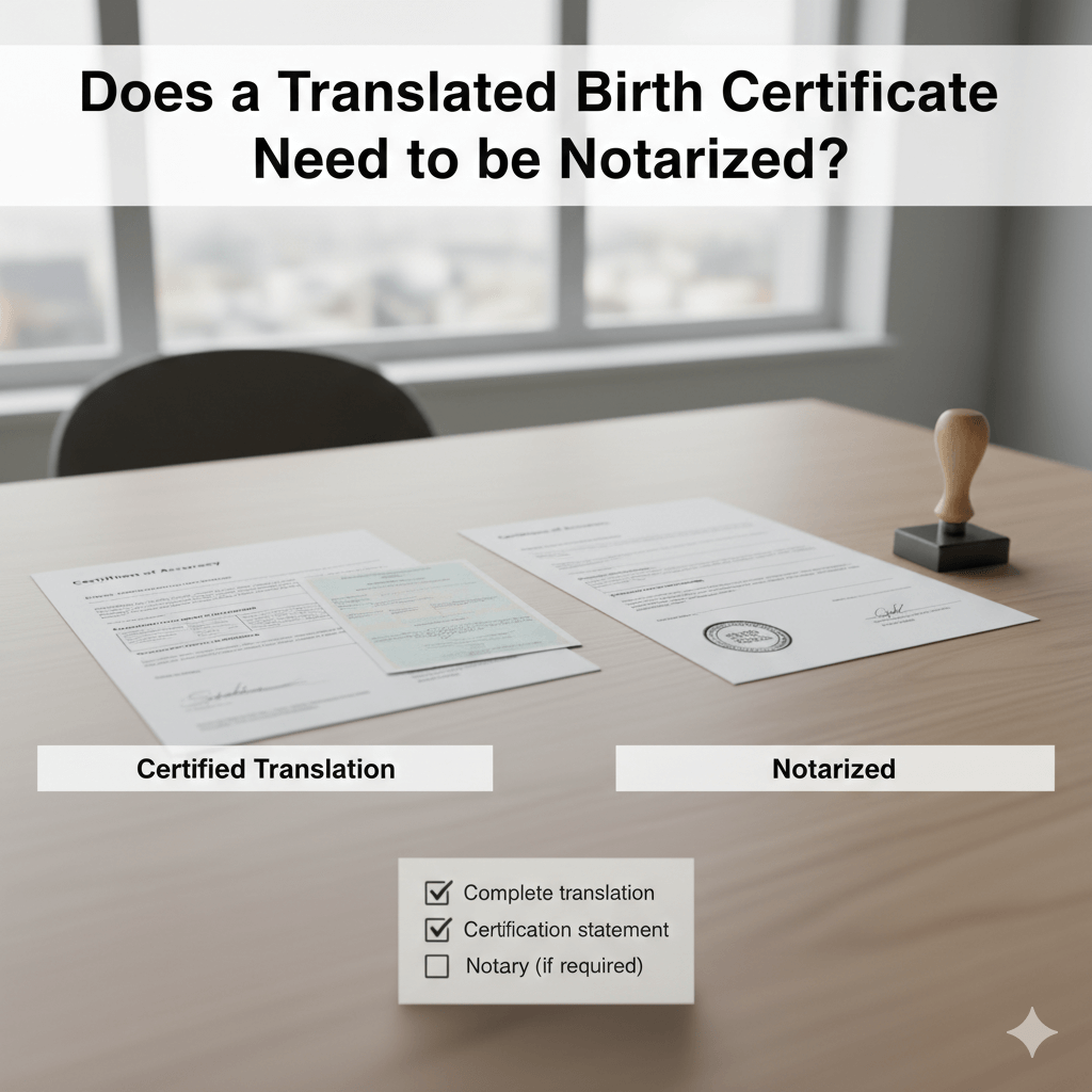 Certified vs notarized translation documents for a birth certificate comparison