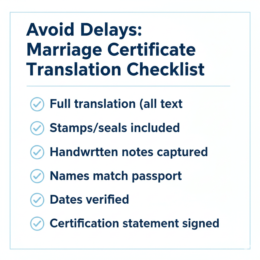 Checklist graphic of key items needed for a USCIS ready marriage certificate translation.