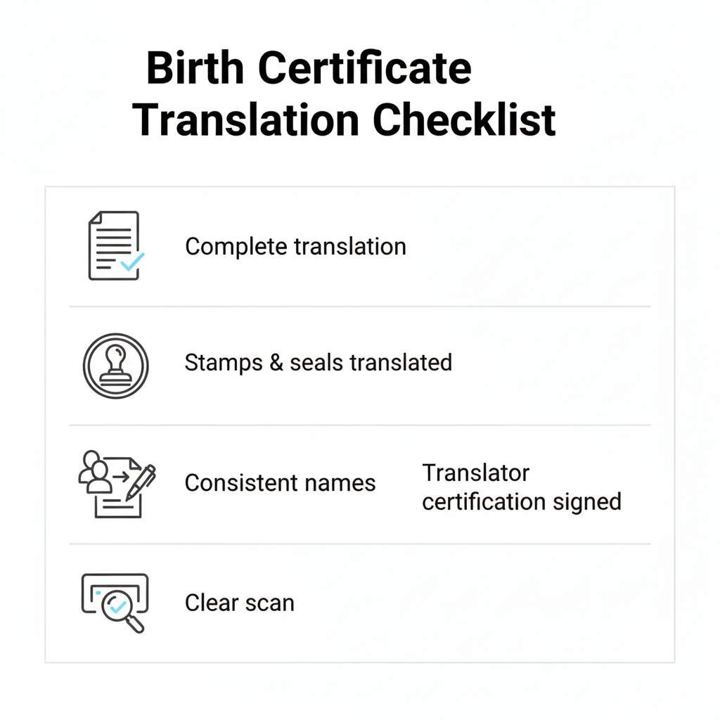 Checklist graphic showing what a USCIS ready birth certificate translation must include