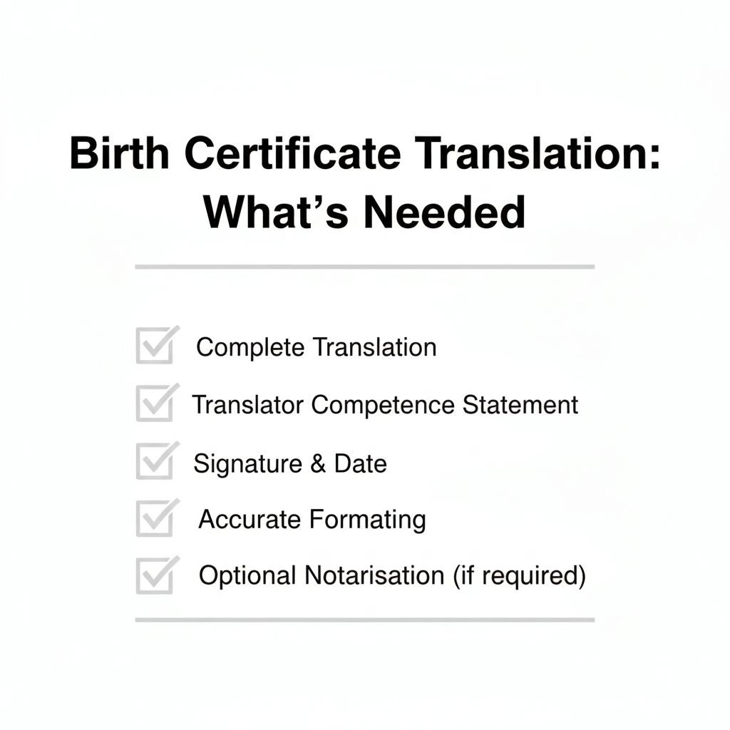 Checklist of requirements for an accepted birth certificate translation (complete, certified, signed, dated)