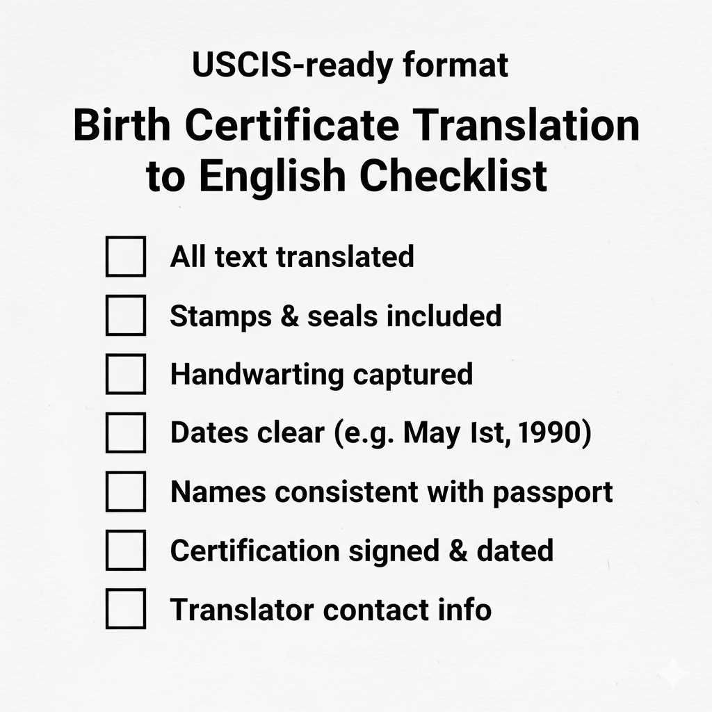Checklist poster for a ready to submit English birth certificate translation with certification