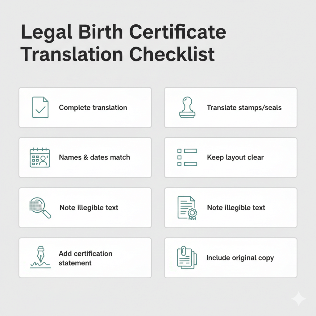 Checklist showing what a legally acceptable birth certificate translation should include.