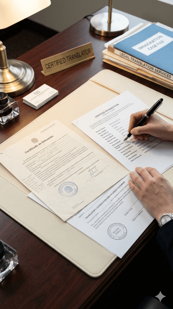Close up of a Spanish death certificate being prepared for certified English translation
