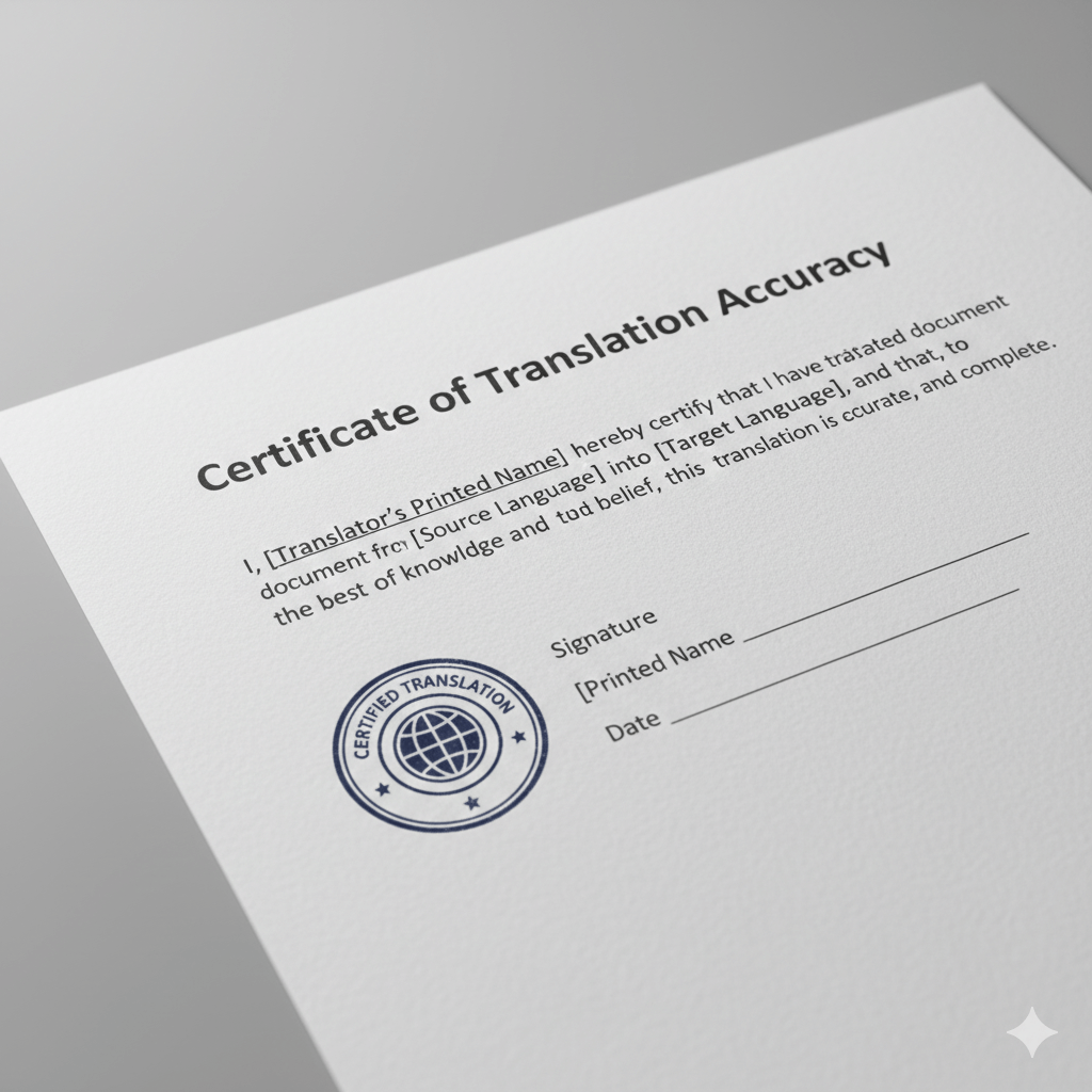 Close up of a certified translation accuracy statement with signature and date for a birth certificate translation.