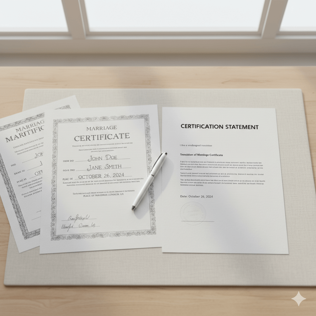 Close up of certified translation statement page for a marriage certificate