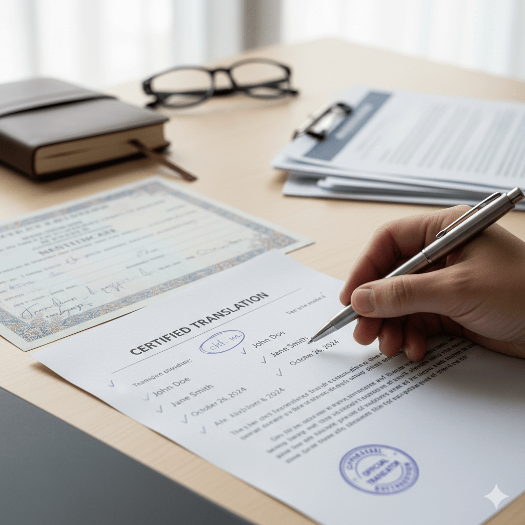 Close up review of marriage certificate translation with certification statement and document details