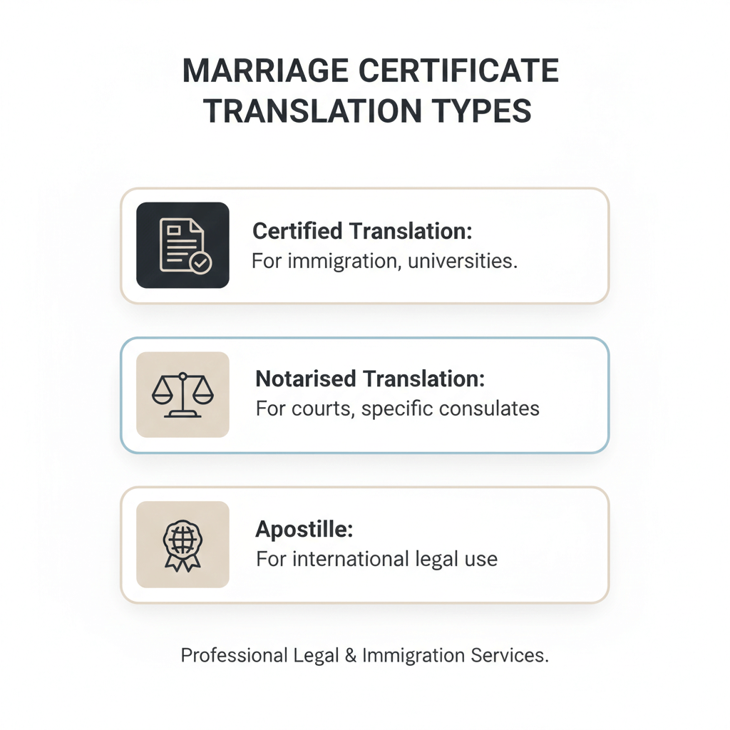 Comparison of certified, notarised and apostille translation options for marriage certificates