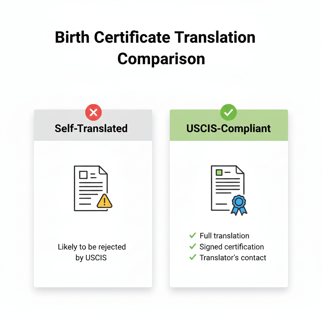 Comparison of self translated birth certificate vs USCIS compliant certified translation