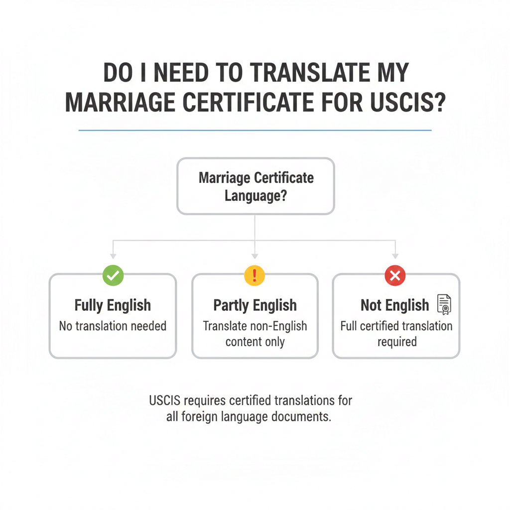 Decision tree showing when a marriage certificate needs certified translation for USCIS