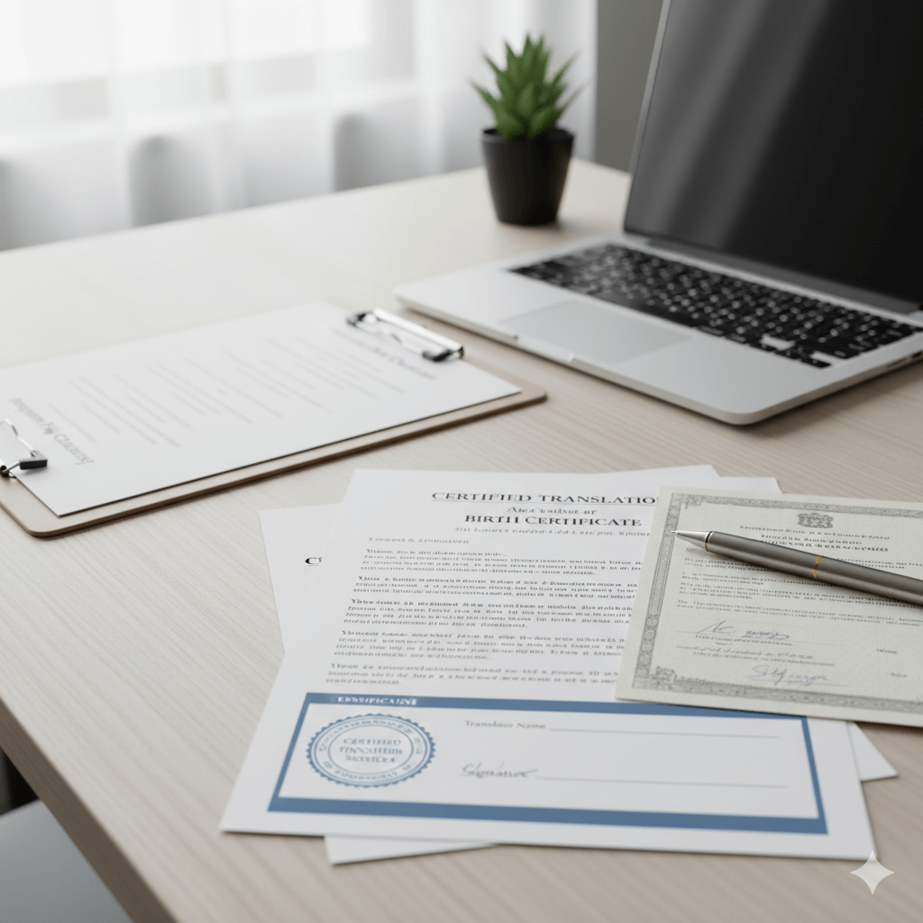 Desk scene showing a birth certificate and certified English translation prepared for immigration filing
