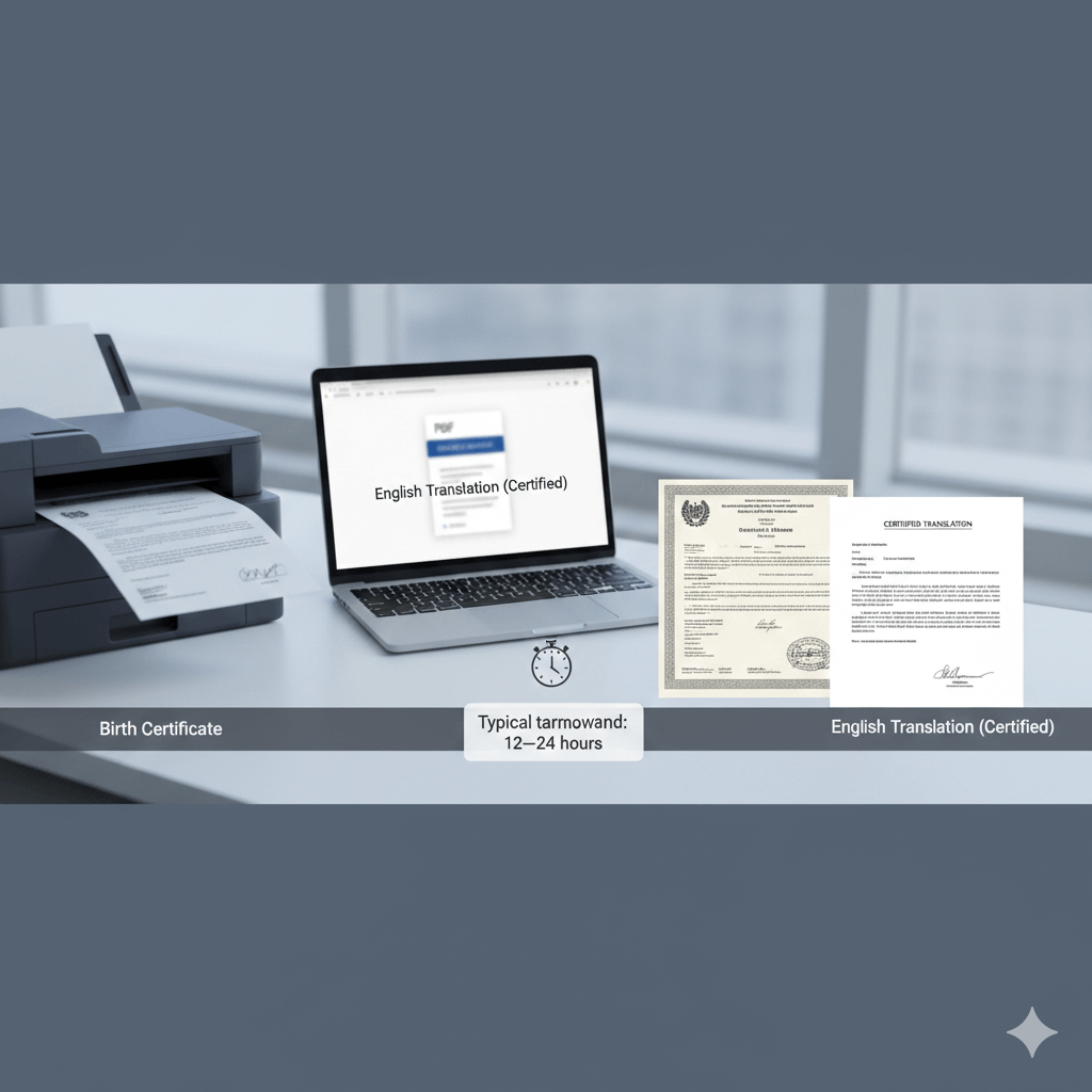 Desk scene showing a birth certificate and certified English translation with a 12–24 hour turnaround