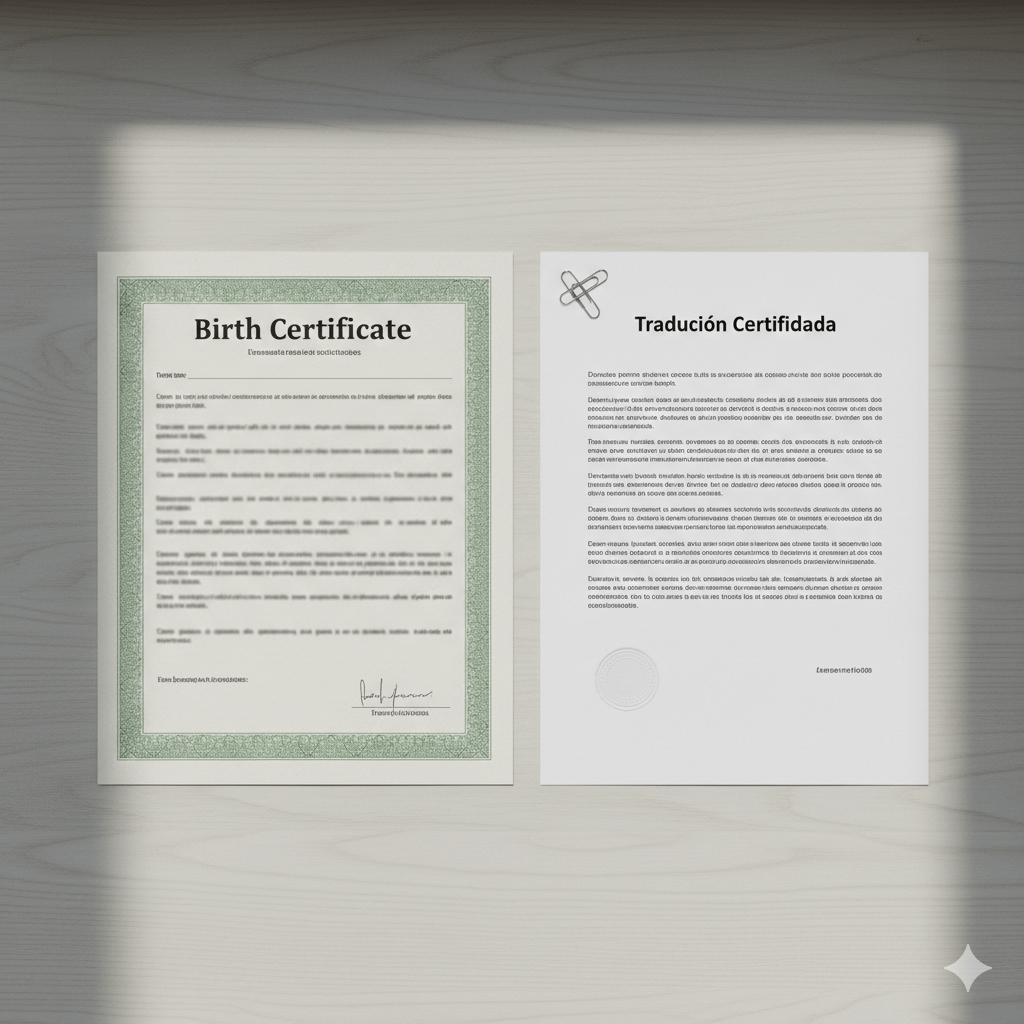 English to Spanish birth certificate translation example on a desk