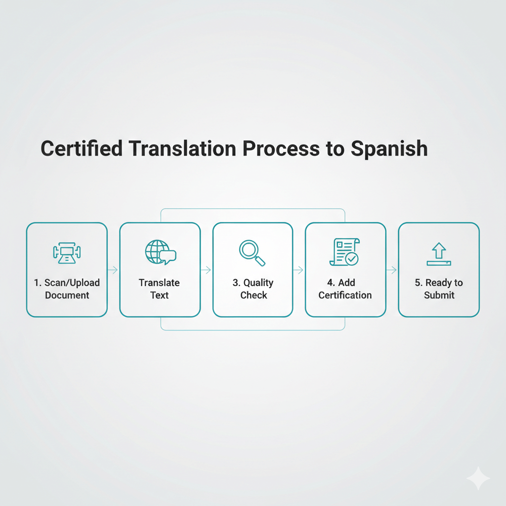 Five step process graphic for translating a birth certificate to Spanish.