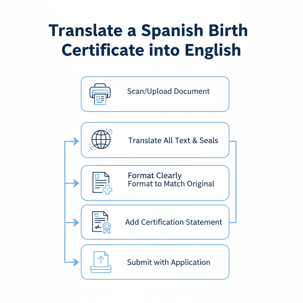 Five step timeline for translating a Spanish birth certificate into English