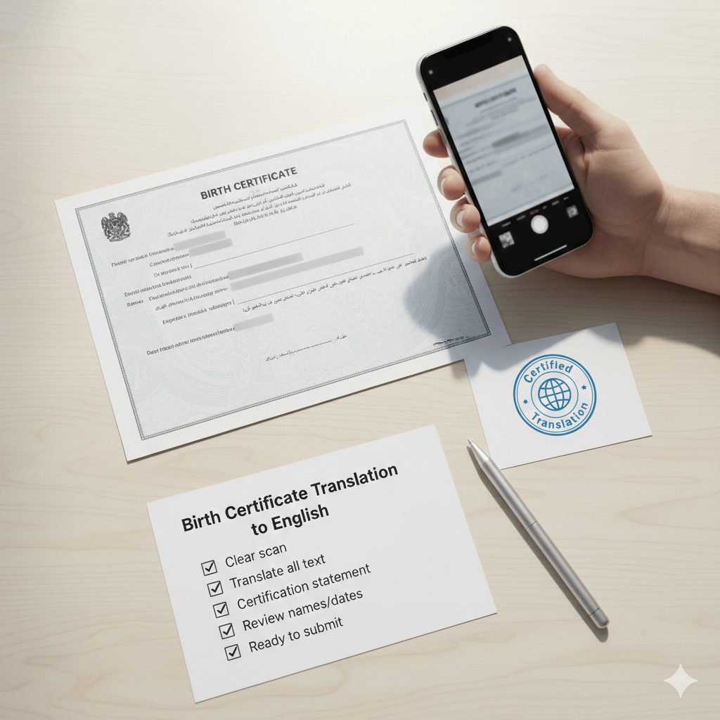 Flat lay of a birth certificate being photographed with a checklist for certified English translation.