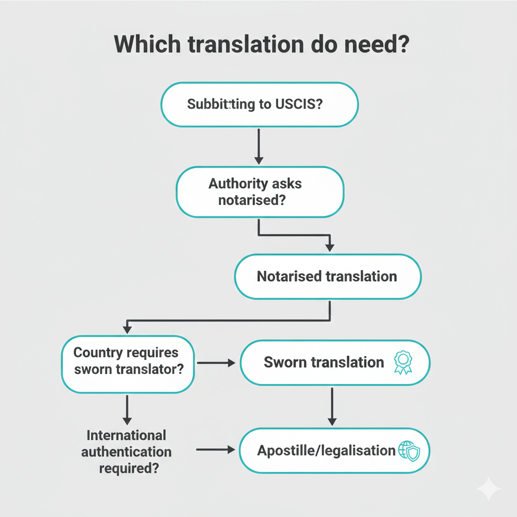 Flowchart explaining when to use certified, notarised, sworn translation,