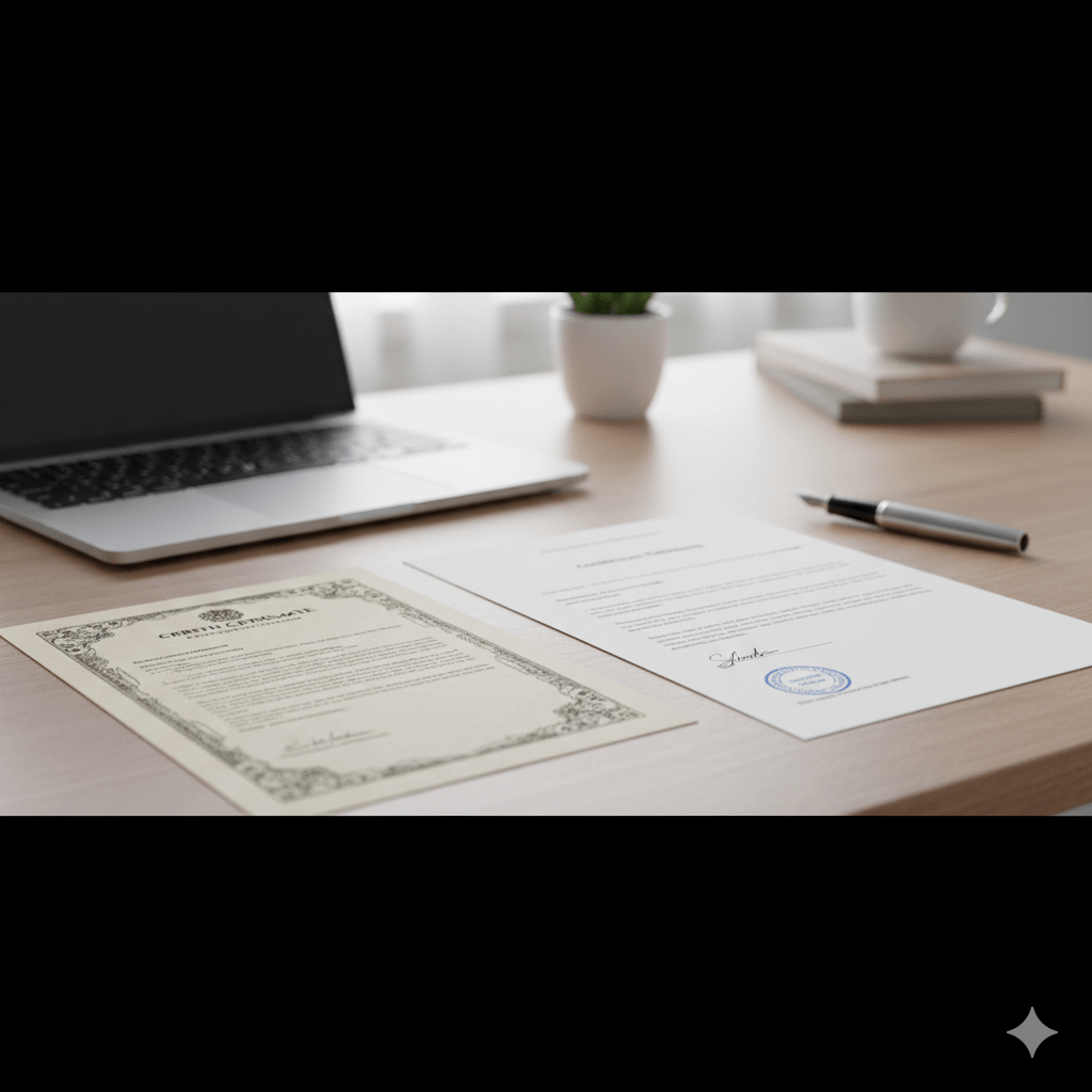 Foreign birth certificate and English certified translation displayed side by side on a desk.