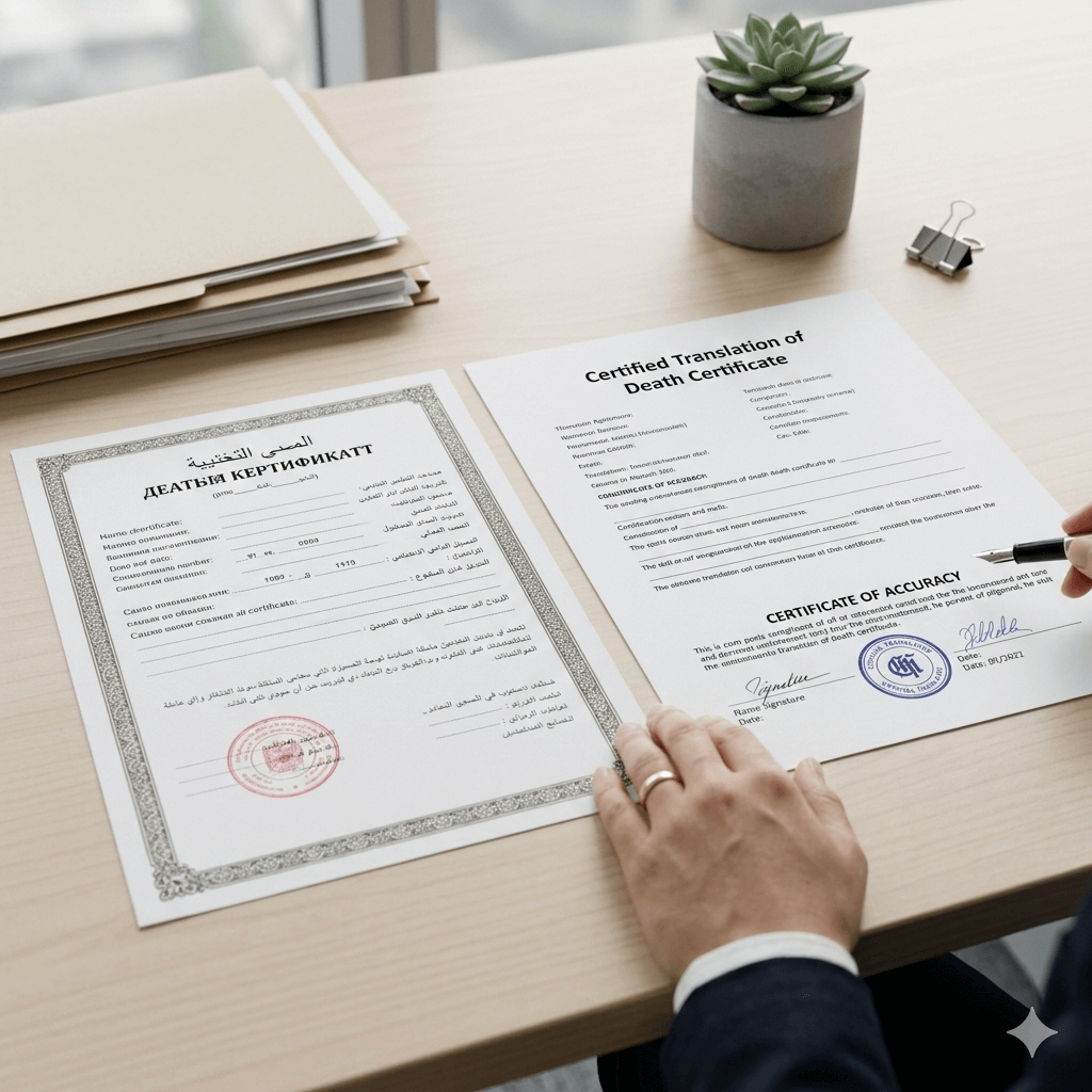 Foreign language death certificate next to a certified English translation and certificate of accuracy