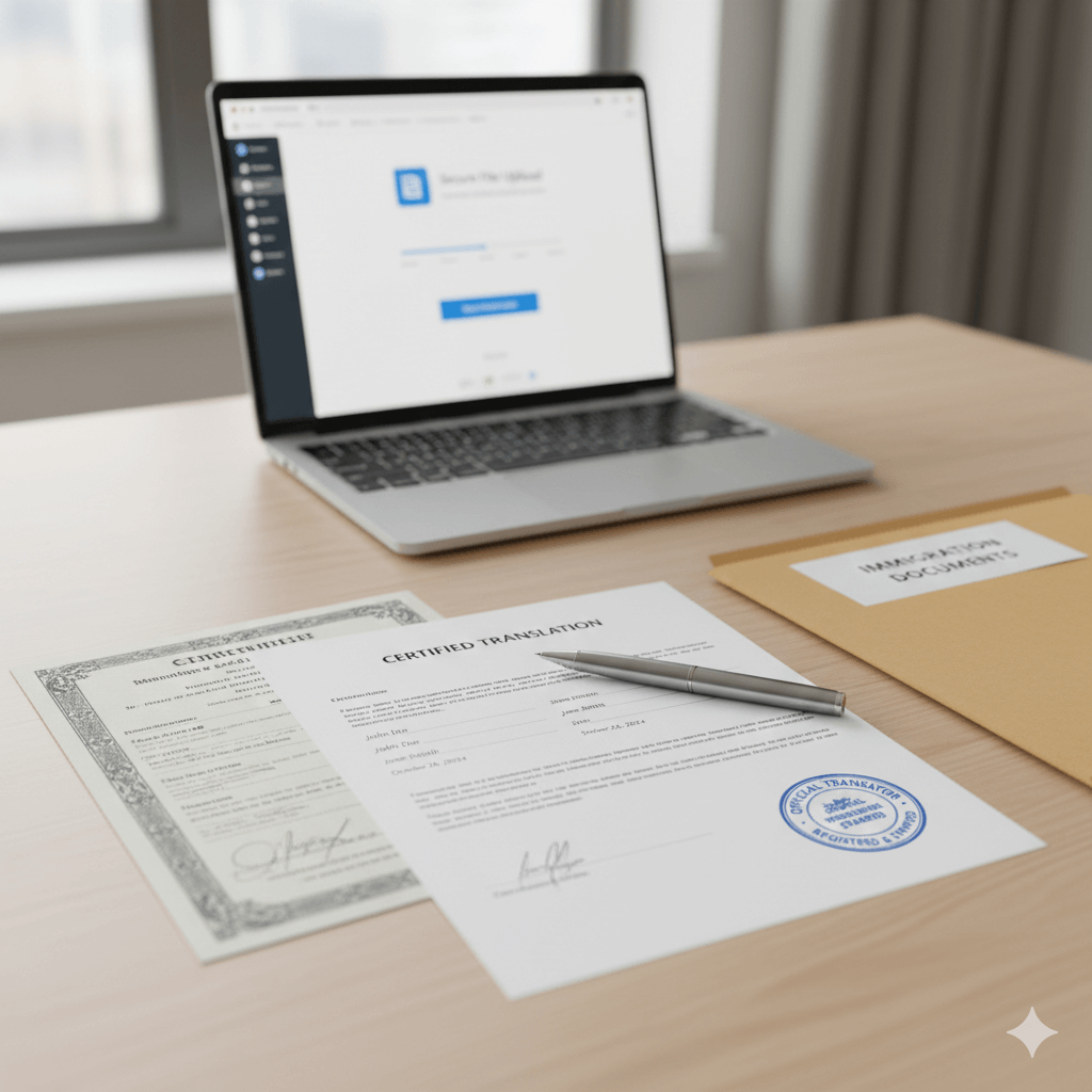 Foreign language marriage certificate and English certified translation on a desk for immigration filing