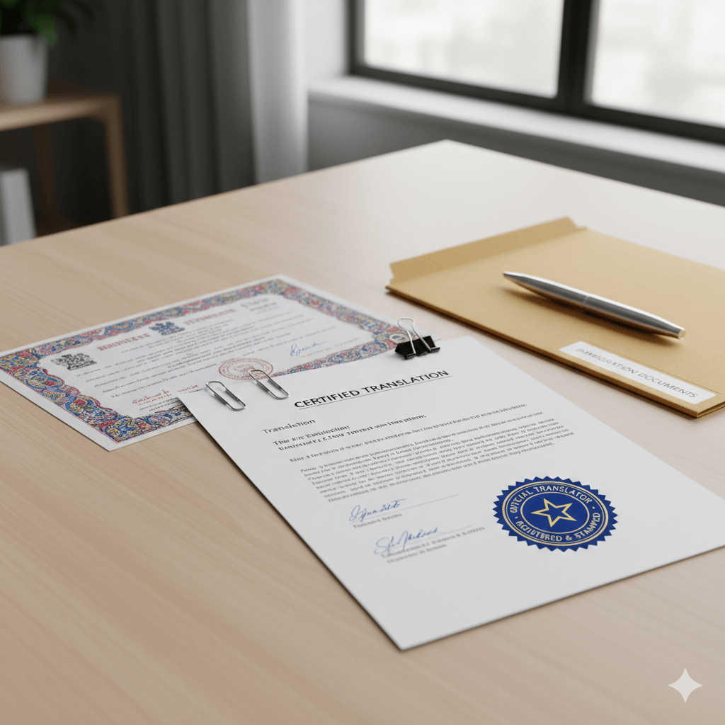 Foreign language marriage certificate next to certified English translation for immigration filing