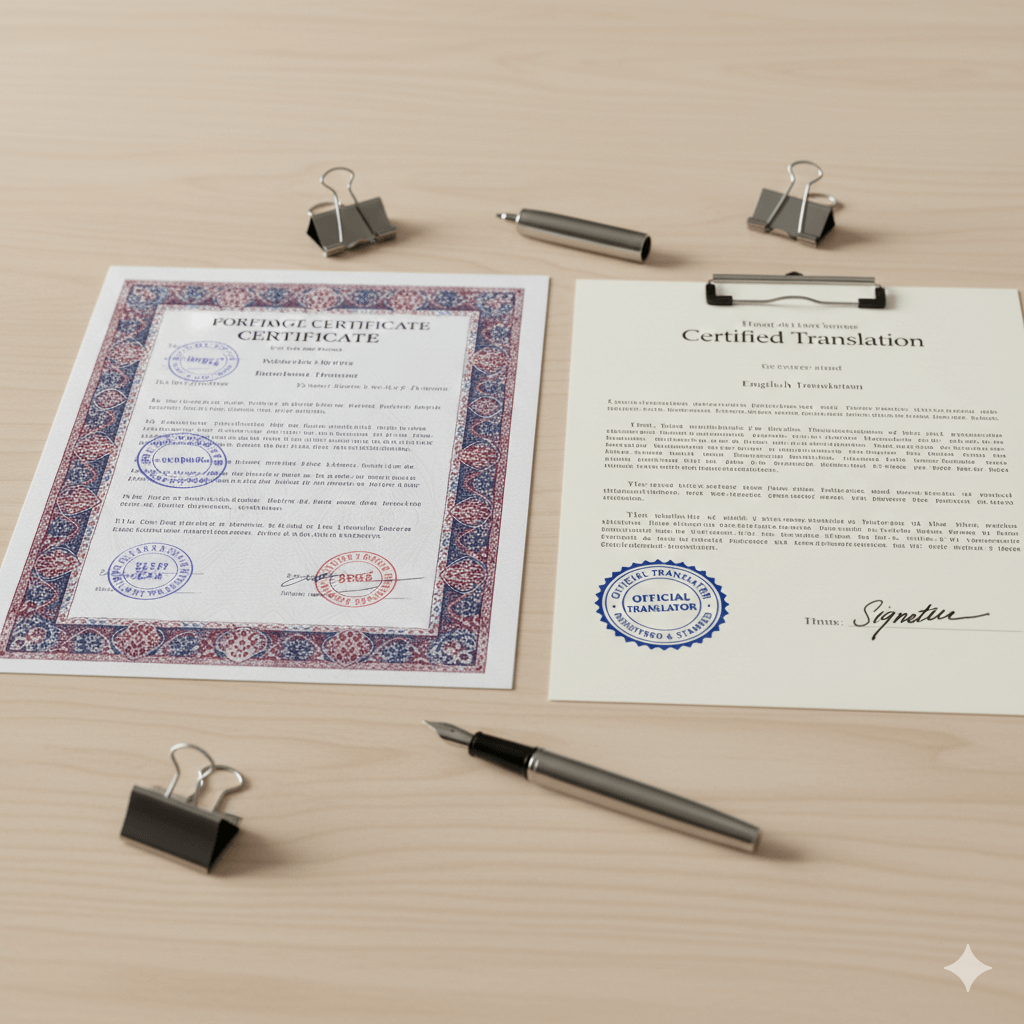 Foreign marriage certificate next to its English certified translation on a desk