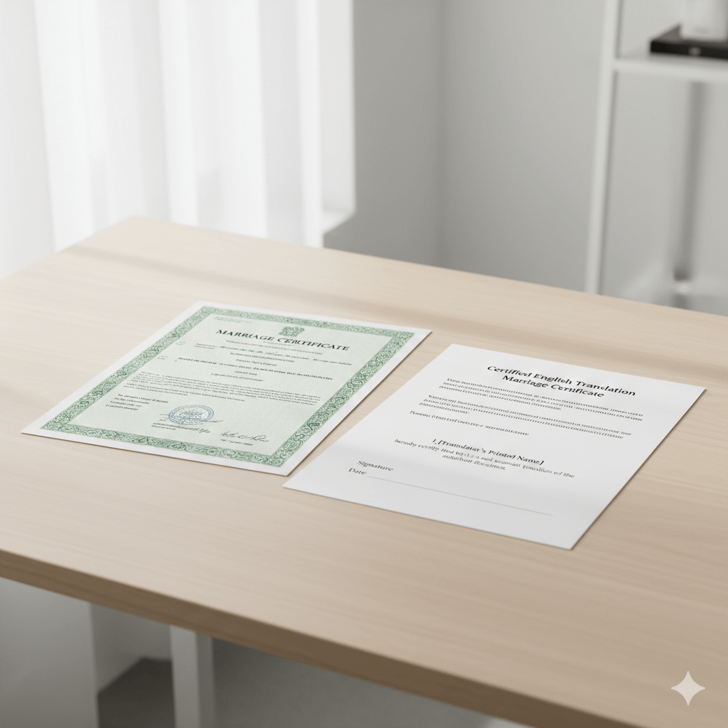 Foreign marriage certificate with certified English translation and translator certification.