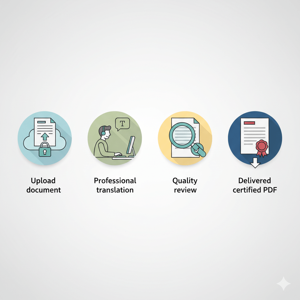 Four step process showing upload, translation, review, and delivery of a certified English translation.