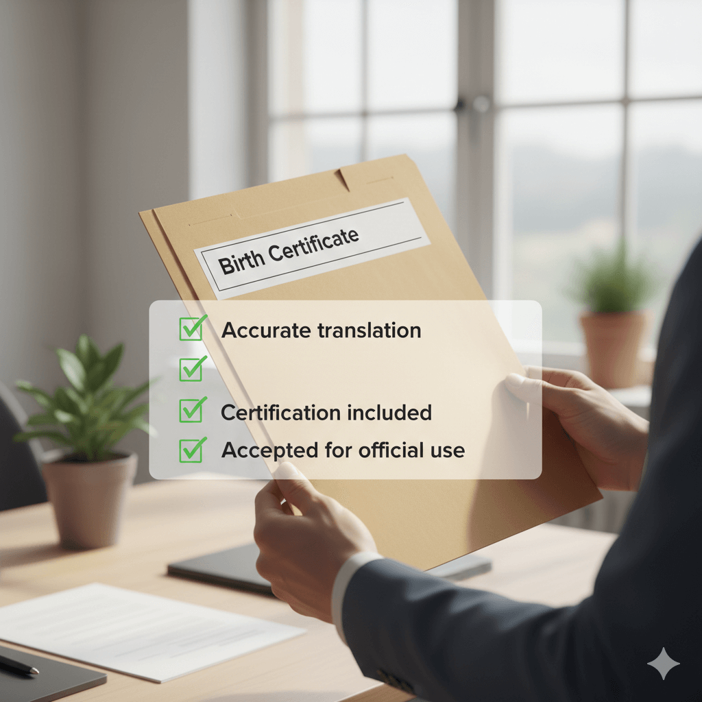 Hands holding a birth certificate folder with a checklist for certified English translation requirements.