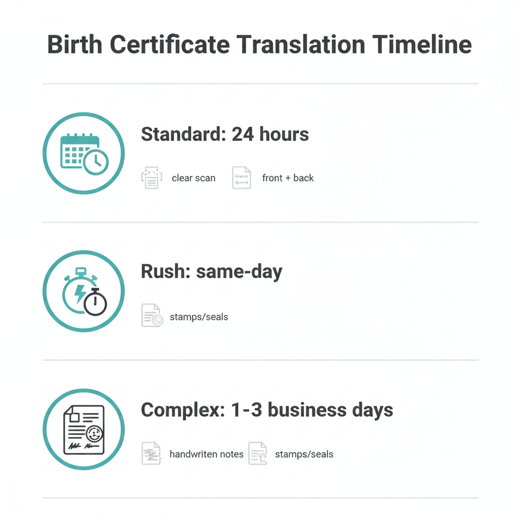 Infographic showing standard, rush, and complex birth certificate translation turnaround times