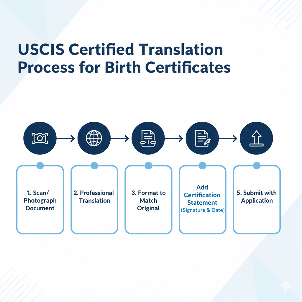 Infographic showing the five steps to translate a foreign birth certificate to English for USCIS.