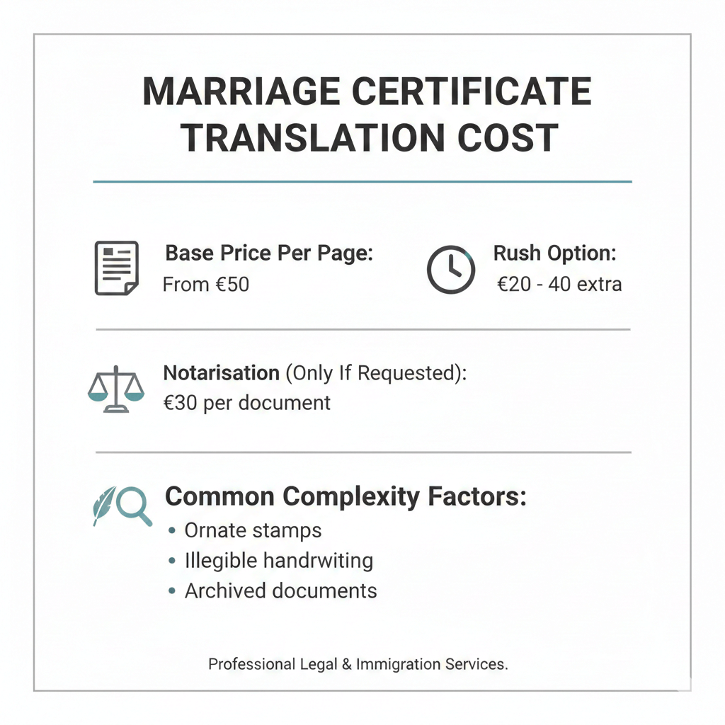 Infographic showing typical costs and add ons for marriage certificate translation